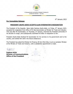 Akufo-Addo, President, Accepts, Trade, Minister, Alan, Kyeremanten, Resignation
